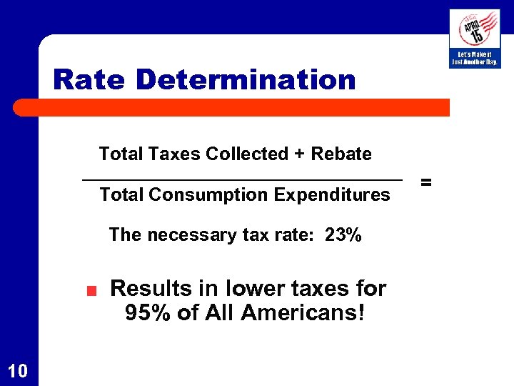 Rate Determination Total Taxes Collected + Rebate ________________ = Total Consumption Expenditures The necessary