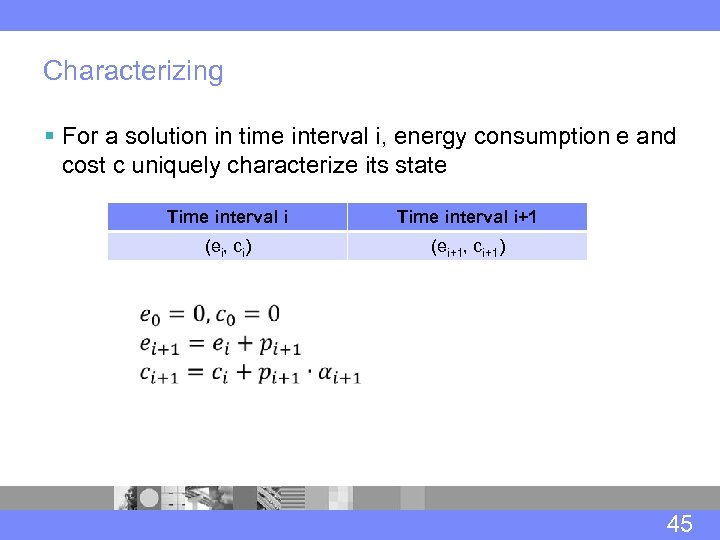 Characterizing § For a solution in time interval i, energy consumption e and cost