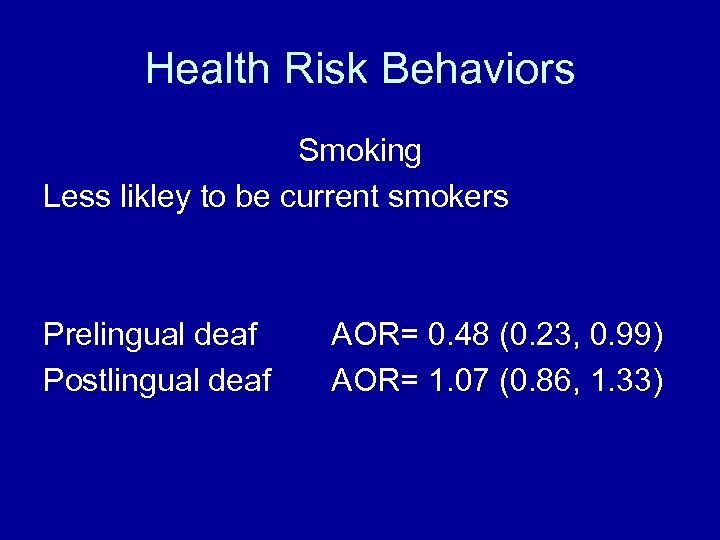 Health Risk Behaviors Smoking Less likley to be current smokers Prelingual deaf Postlingual deaf