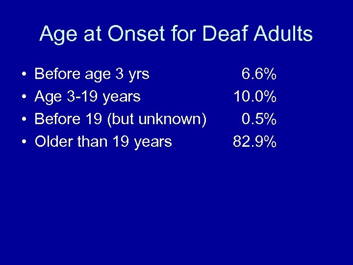 Age at Onset for Deaf Adults • • Before age 3 yrs Age 3