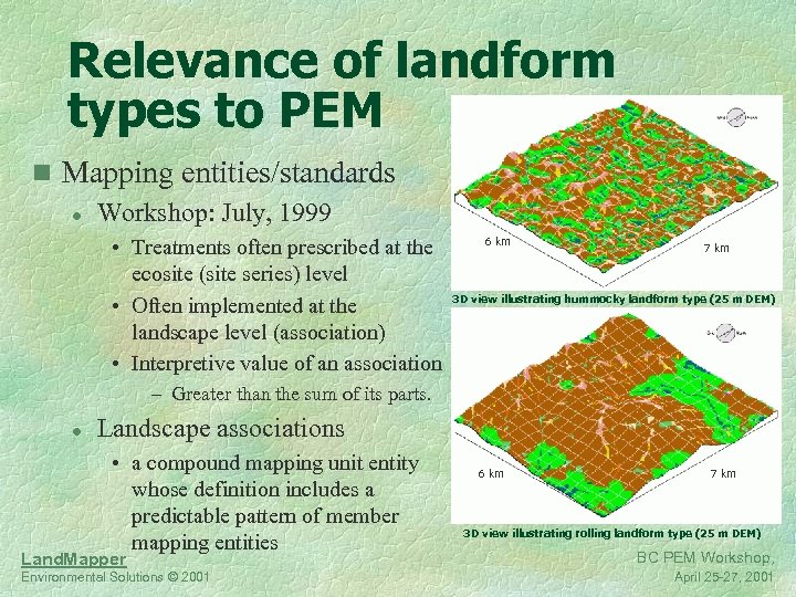 Relevance of landform types to PEM n Mapping entities/standards l Workshop: July, 1999 •