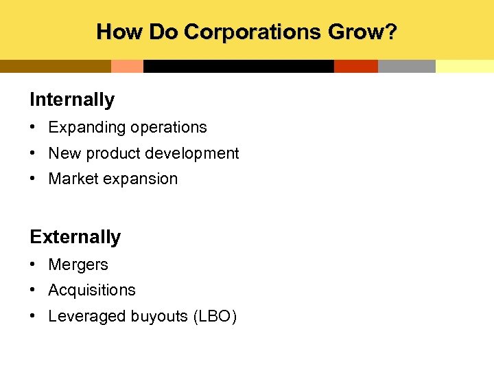 How Do Corporations Grow? Internally • Expanding operations • New product development • Market