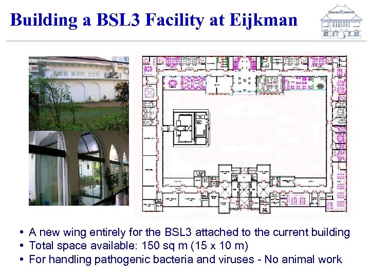 Building a BSL 3 Facility at Eijkman • A new wing entirely for the