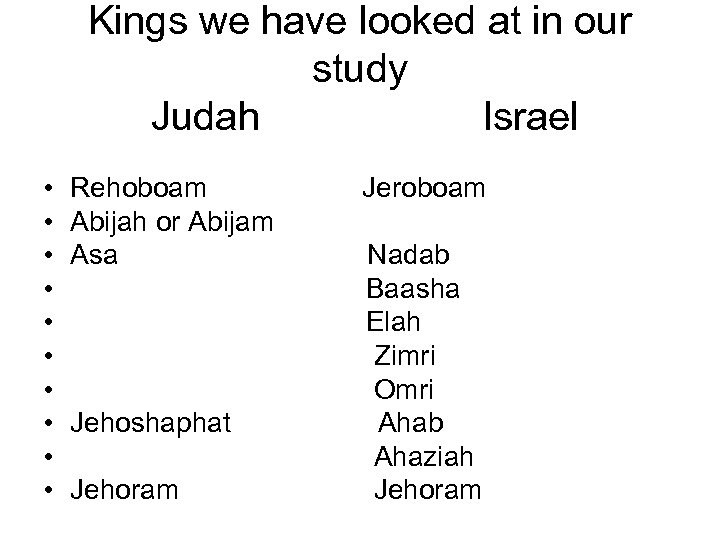 Kings we have looked at in our study Judah Israel • • • Rehoboam