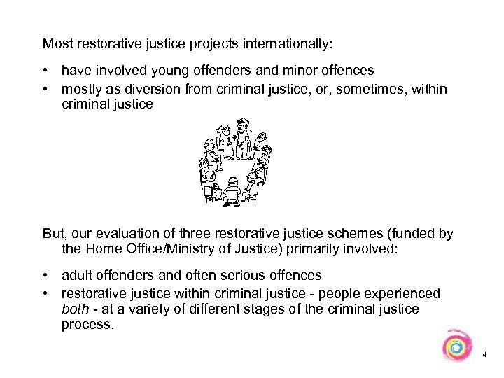 Most restorative justice projects internationally: • have involved young offenders and minor offences •