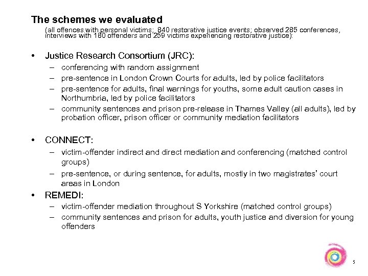 The schemes we evaluated (all offences with personal victims; 840 restorative justice events; observed