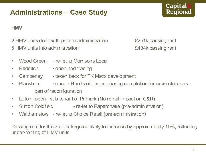 Administrations – Case Study HMV 2 HMV units dealt with prior to administration £