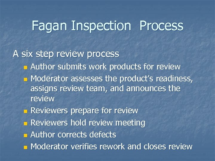Fagan Inspection Process A six step review process Author submits work products for review