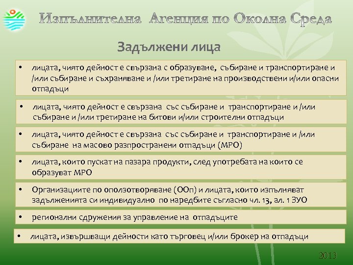 Задължени лица • лицата, чиято дейност е свързана с образуване, събиране и транспортиране и