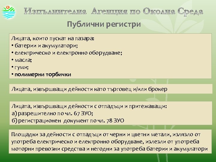 Публични регистри Лицата, които пускат на пазара: • батерии и акумулатори; • електрическо и