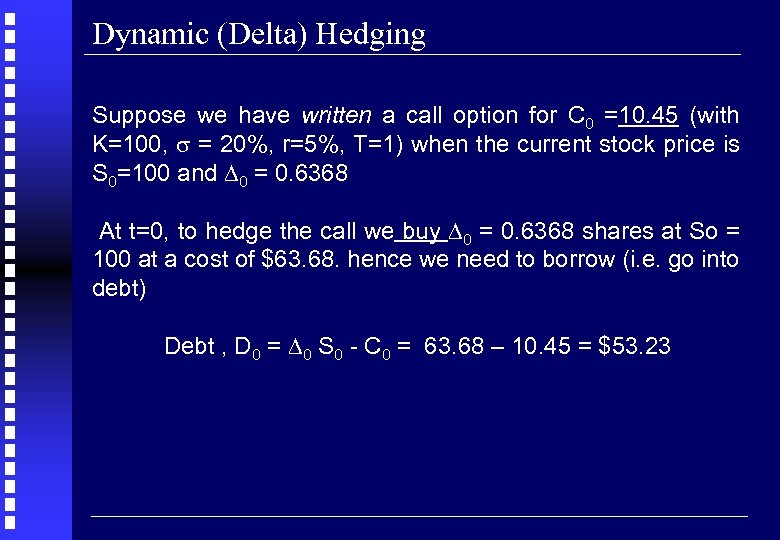 Dynamic (Delta) Hedging Suppose we have written a call option for C 0 =10.