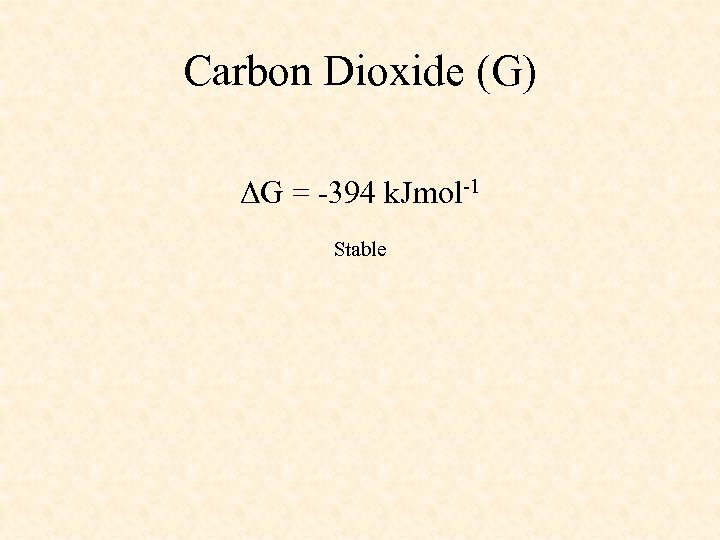 Carbon Dioxide (G) ΔG = -394 k. Jmol-1 Stable 