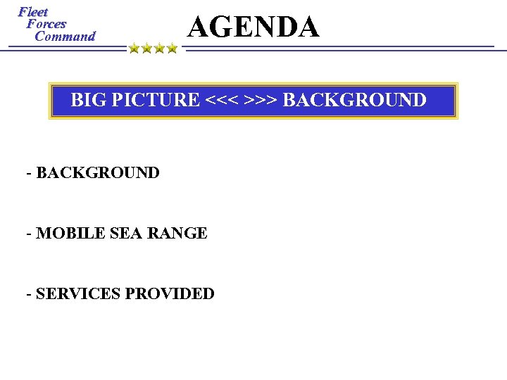 Fleet Forces Command AGENDA BIG PICTURE <<< >>> BACKGROUND - MOBILE SEA RANGE -
