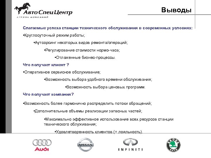 Выводы Слагаемые успеха станции технического обслуживания в современных условиях: • Круглосуточный режим работы; •