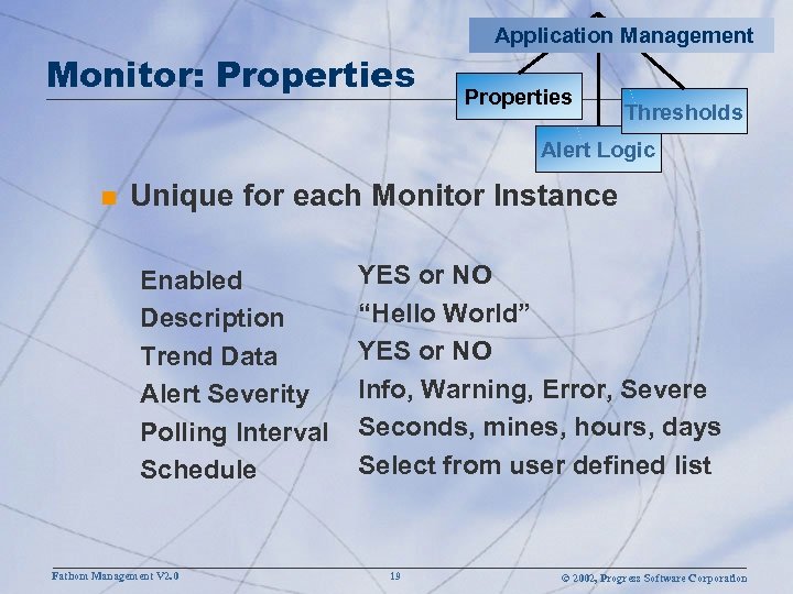 Monitor: Properties Application Management Properties Thresholds Alert Logic n Unique for each Monitor Instance
