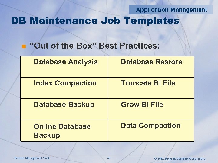 Application Management DB Maintenance Job Templates n “Out of the Box” Best Practices: Database