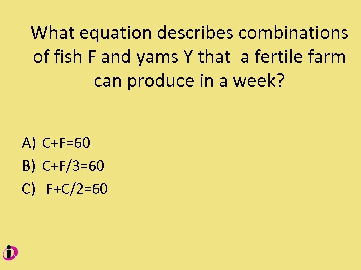 What equation describes combinations of fish F and yams Y that a fertile farm