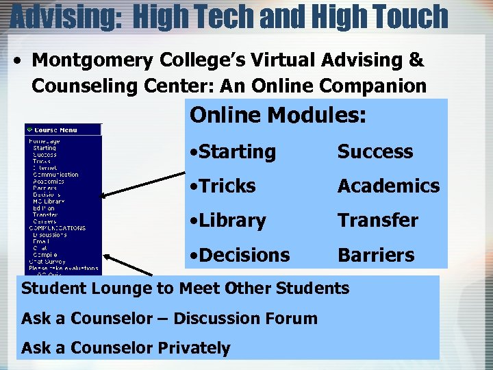 Advising: High Tech and High Touch • Montgomery College’s Virtual Advising & Counseling Center: