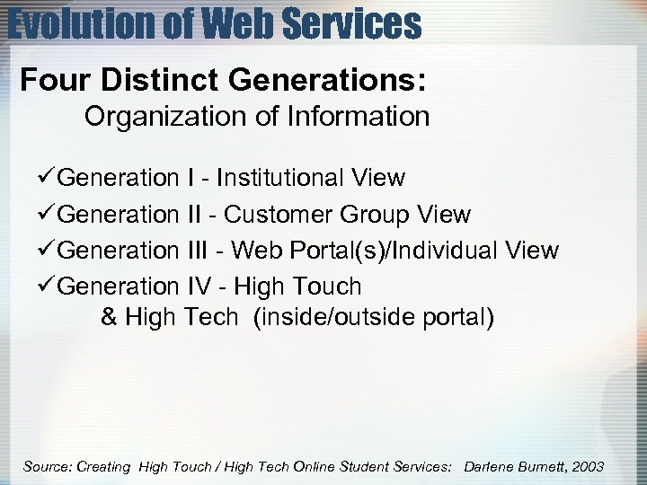 Evolution of Web Services Four Distinct Generations: Organization of Information üGeneration I - Institutional