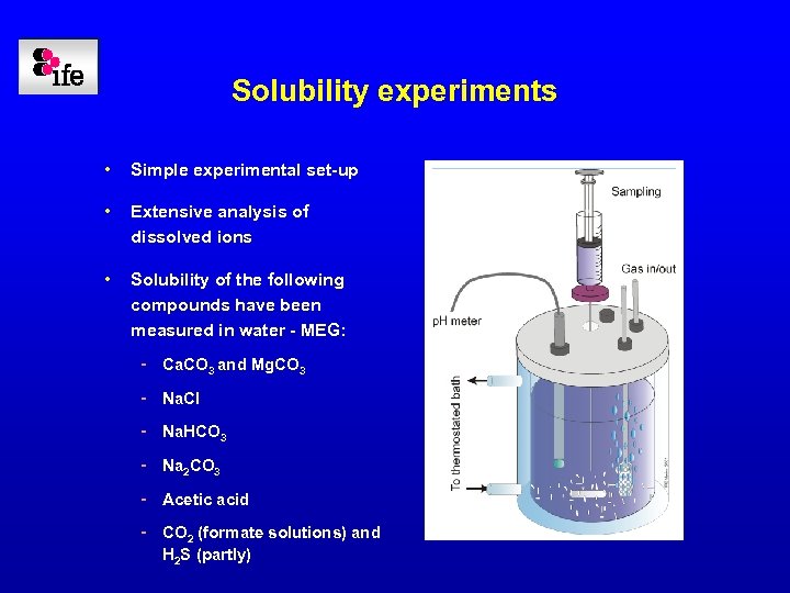 Solubility experiments • Simple experimental set-up • Extensive analysis of dissolved ions • Solubility