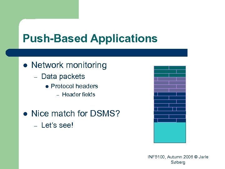 Push-Based Applications l Network monitoring – Data packets l Protocol headers – l Header