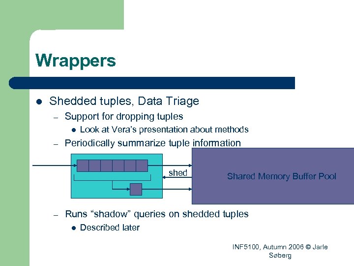 Wrappers l Shedded tuples, Data Triage – Support for dropping tuples l – Look