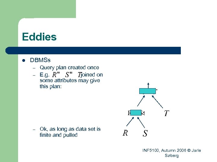 Eddies l DBMSs – – – Query plan created once E. g. joined on