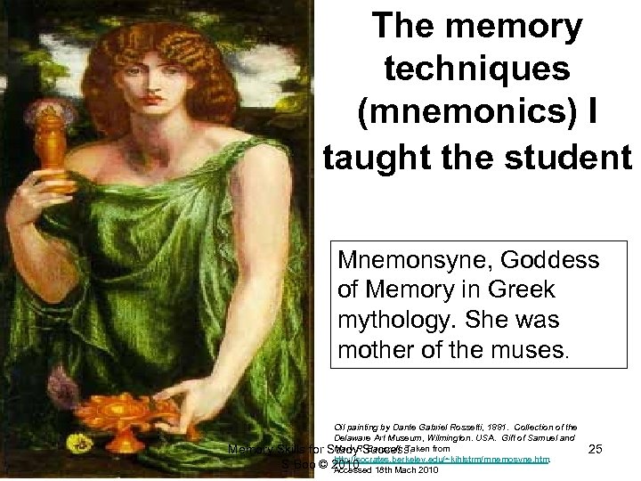 The memory techniques (mnemonics) I taught the student Mnemonsyne, Goddess of Memory in Greek