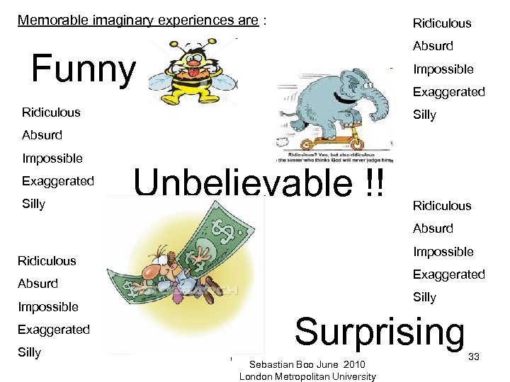 Memorable imaginary experiences are : Ridiculous Absurd Funny Impossible Exaggerated Ridiculous Silly Absurd Impossible