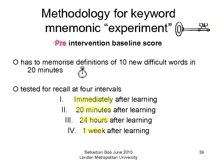 Methodology for keyword mnemonic “experiment” Pre intervention baseline score O has to memorise definitions
