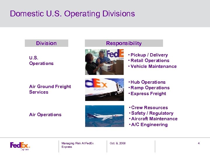 Domestic U. S. Operating Divisions Division Responsibility U. S. Operations • Pickup / Delivery