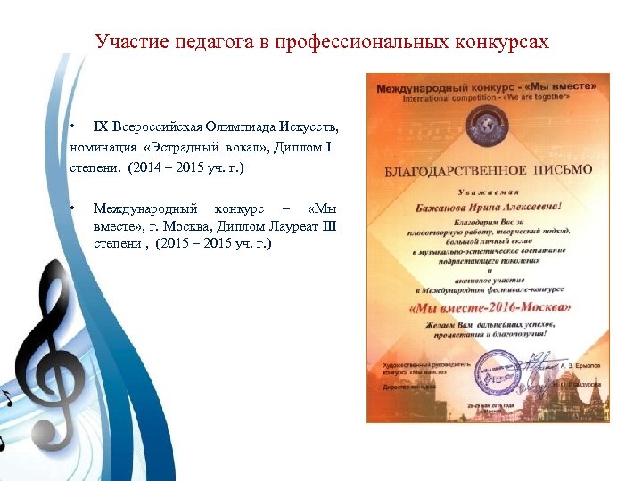 Участие педагога в профессиональных конкурсах • IX Всероссийская Олимпиада Искусств, номинация «Эстрадный вокал» ,