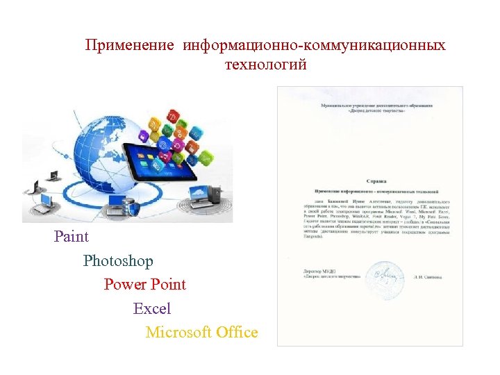 Применение информационно-коммуникационных технологий Paint Photoshop Power Point Excel Microsoft Office 