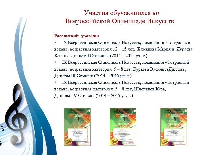  Участия обучающихся во Всероссийской Олимпиаде Искусств Российский уровень: • IX Всероссийская Олимпиада Искусств,
