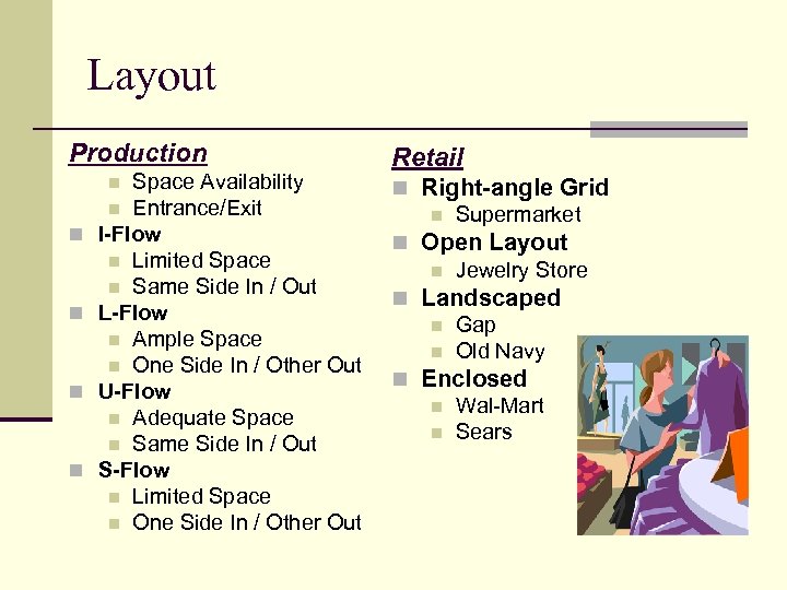 Layout Production Space Availability n Entrance/Exit I-Flow n Limited Space n Same Side In