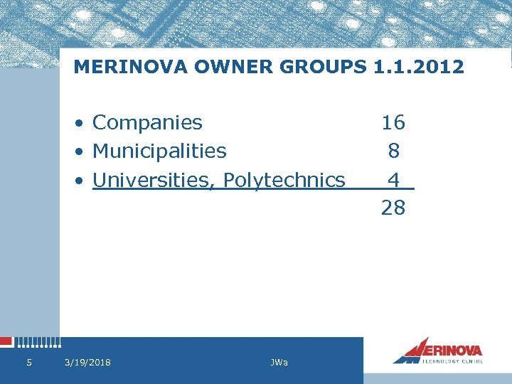 MERINOVA OWNER GROUPS 1. 1. 2012 • Companies • Municipalities • Universities, Polytechnics 5