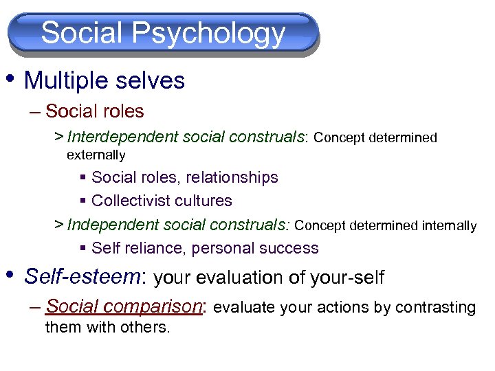  Social Psychology Cognition • Multiple selves – Social roles > Interdependent social construals: