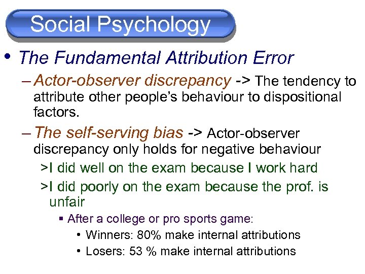 Social Psychology Cognition • The Fundamental Attribution Error – Actor-observer discrepancy -> The tendency