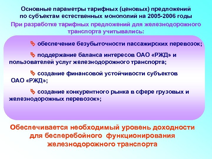 Основные параметры тарифных (ценовых) предложений по субъектам естественных монополий на 2005 -2006 годы При