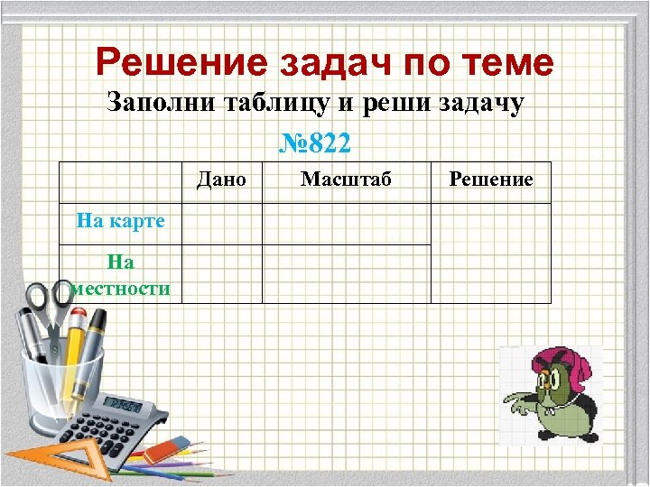 Решение задач по теме Заполни таблицу и реши задачу № 822 Дано На карте