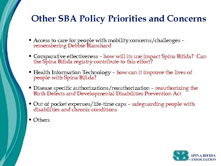 Other SBA Policy Priorities and Concerns • Access to care for people with mobility