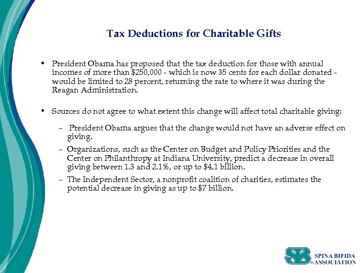 Tax Deductions for Charitable Gifts • President Obama has proposed that the tax deduction