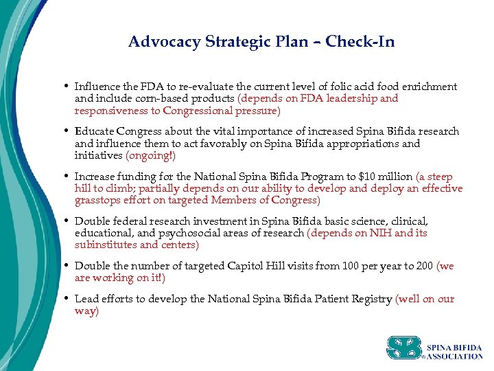 Advocacy Strategic Plan – Check-In • Influence the FDA to re-evaluate the current level