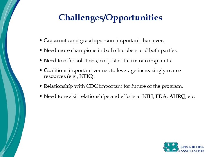 Challenges/Opportunities • Grassroots and grasstops more important than ever. • Need more champions in