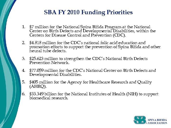 SBA FY 2010 Funding Priorities 1. $7 million for the National Spina Bifida Program