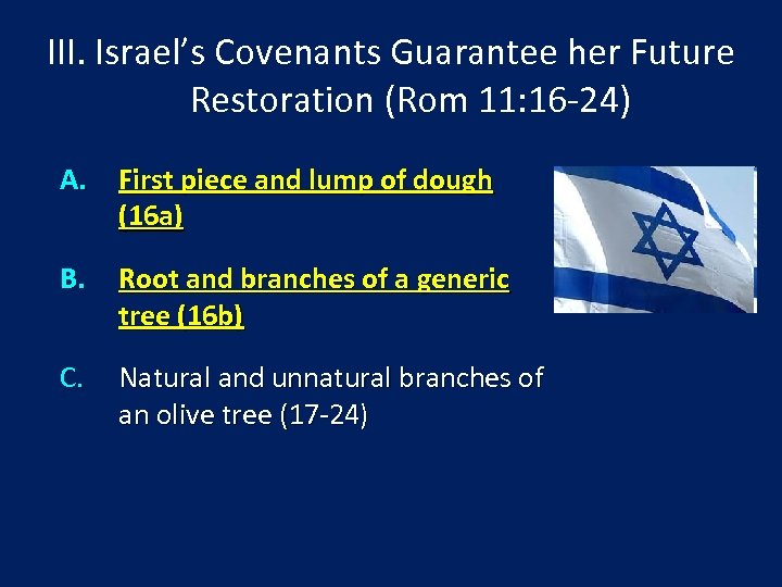 III. Israel’s Covenants Guarantee her Future Restoration (Rom 11: 16 -24) A. First piece