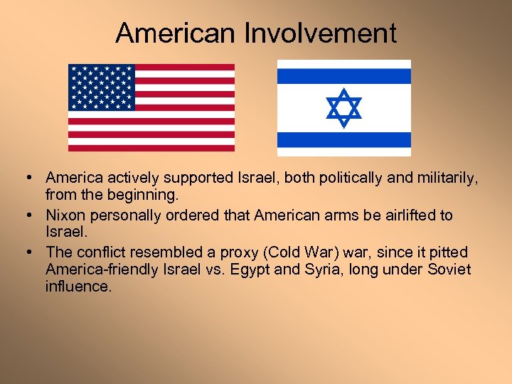 American Involvement • America actively supported Israel, both politically and militarily, from the beginning.