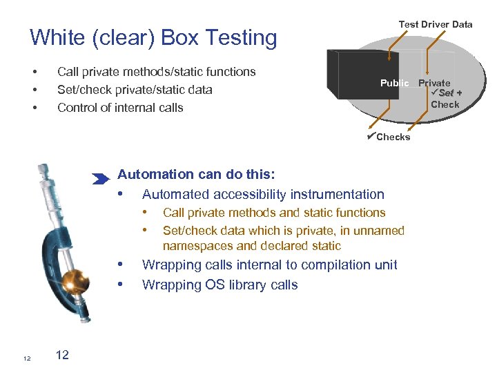 Test Driver Data White (clear) Box Testing • • • Call private methods/static functions