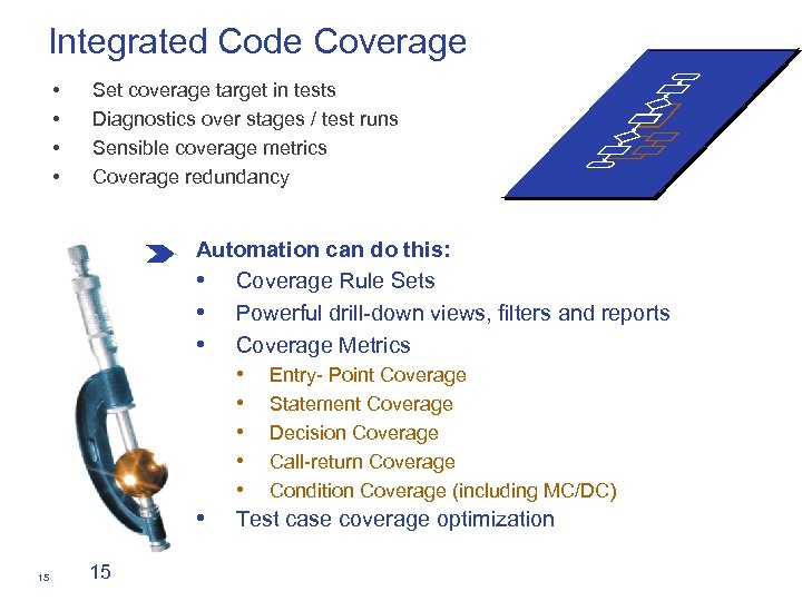 Integrated Code Coverage • • Set coverage target in tests Diagnostics over stages /