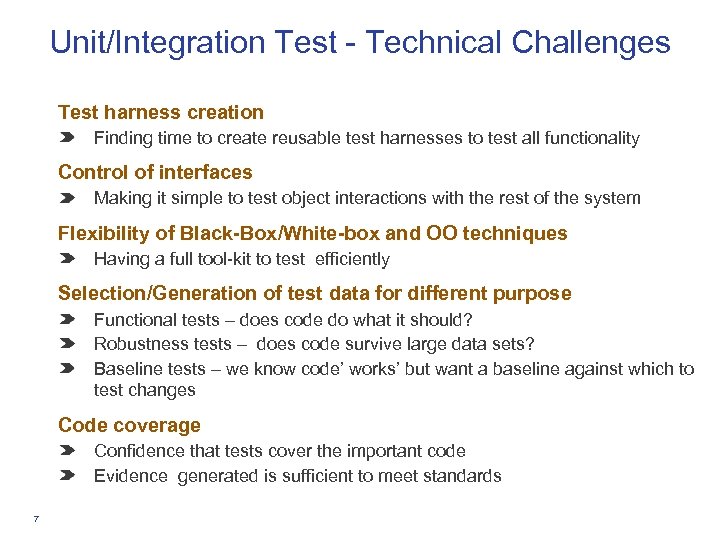 Unit/Integration Test - Technical Challenges Test harness creation Finding time to create reusable test